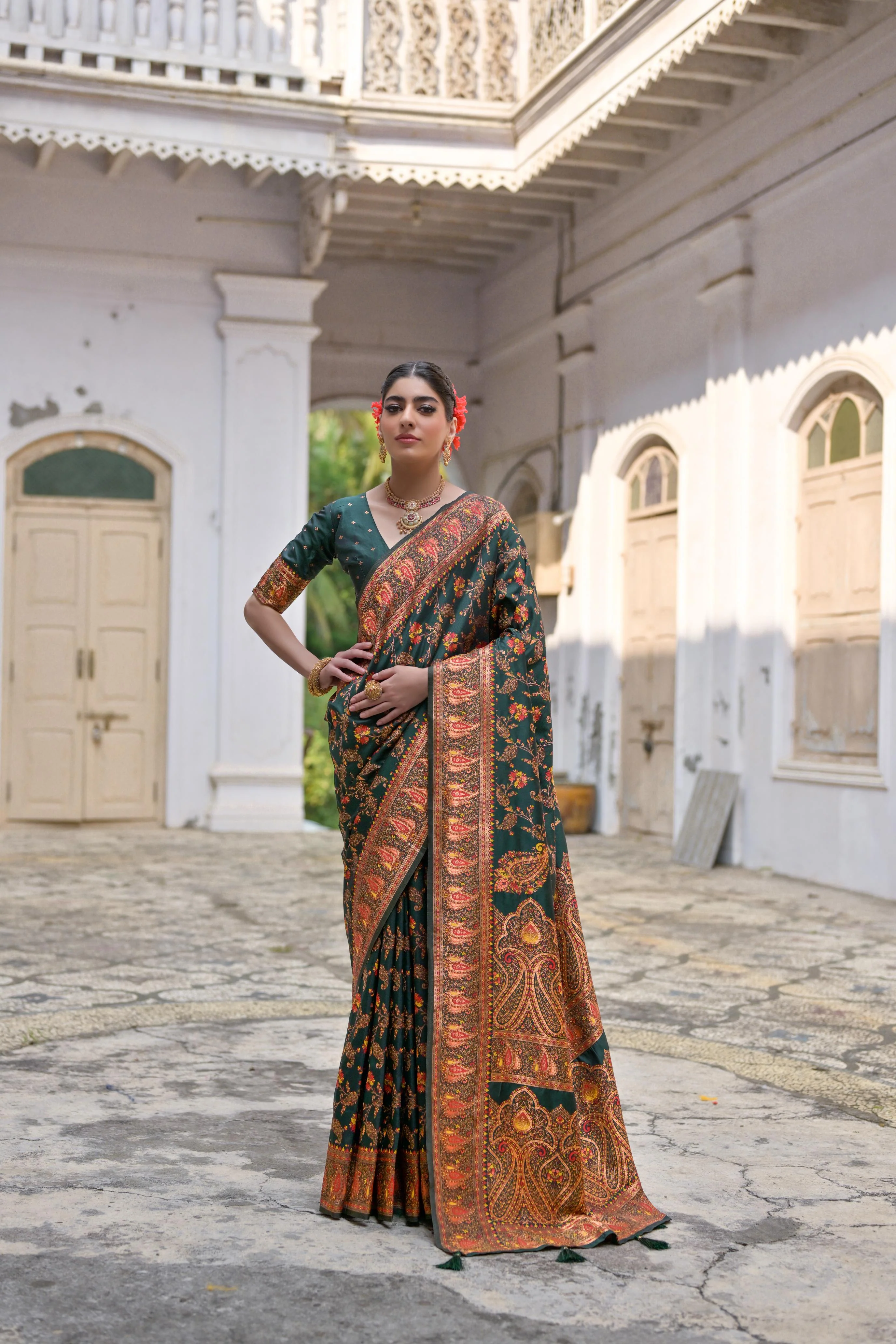 Bottle Green Soft Pashmina Silk Meena Saree
